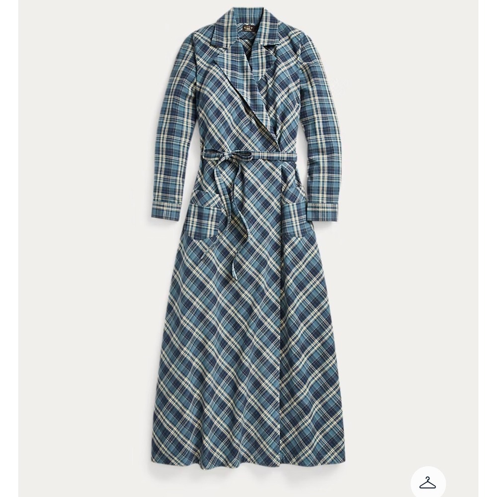 NWT RRL Ralph Lauren Blue White Plaid Cotton Wrap Dress Maxi Long Sleeve Sz 5 XL